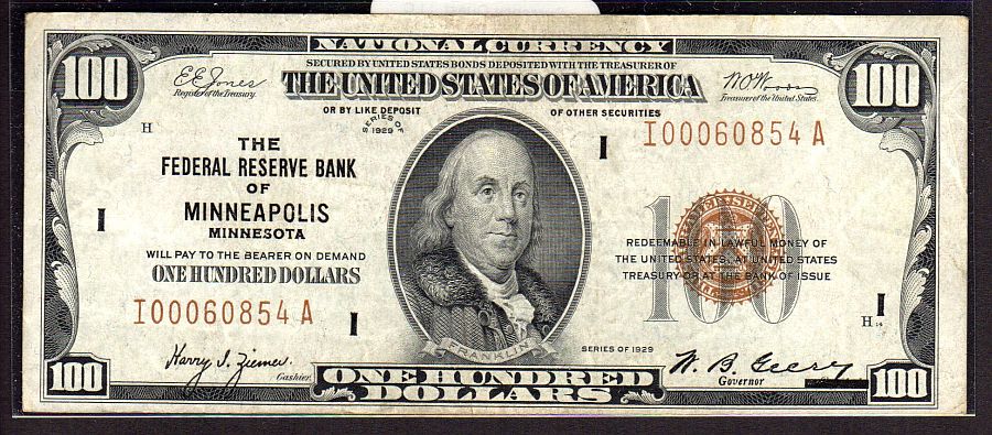Fr.1890-I, 1929 $100 Minneapolis FRBN, VF, I00060854A